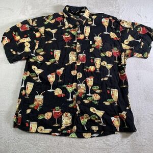 Pineapple Moon Shirt Mens Large Black Cocktail Hawaiian Rayon Short Sleeve FLAW